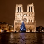 The famous Notre Dame at night in Paris, France